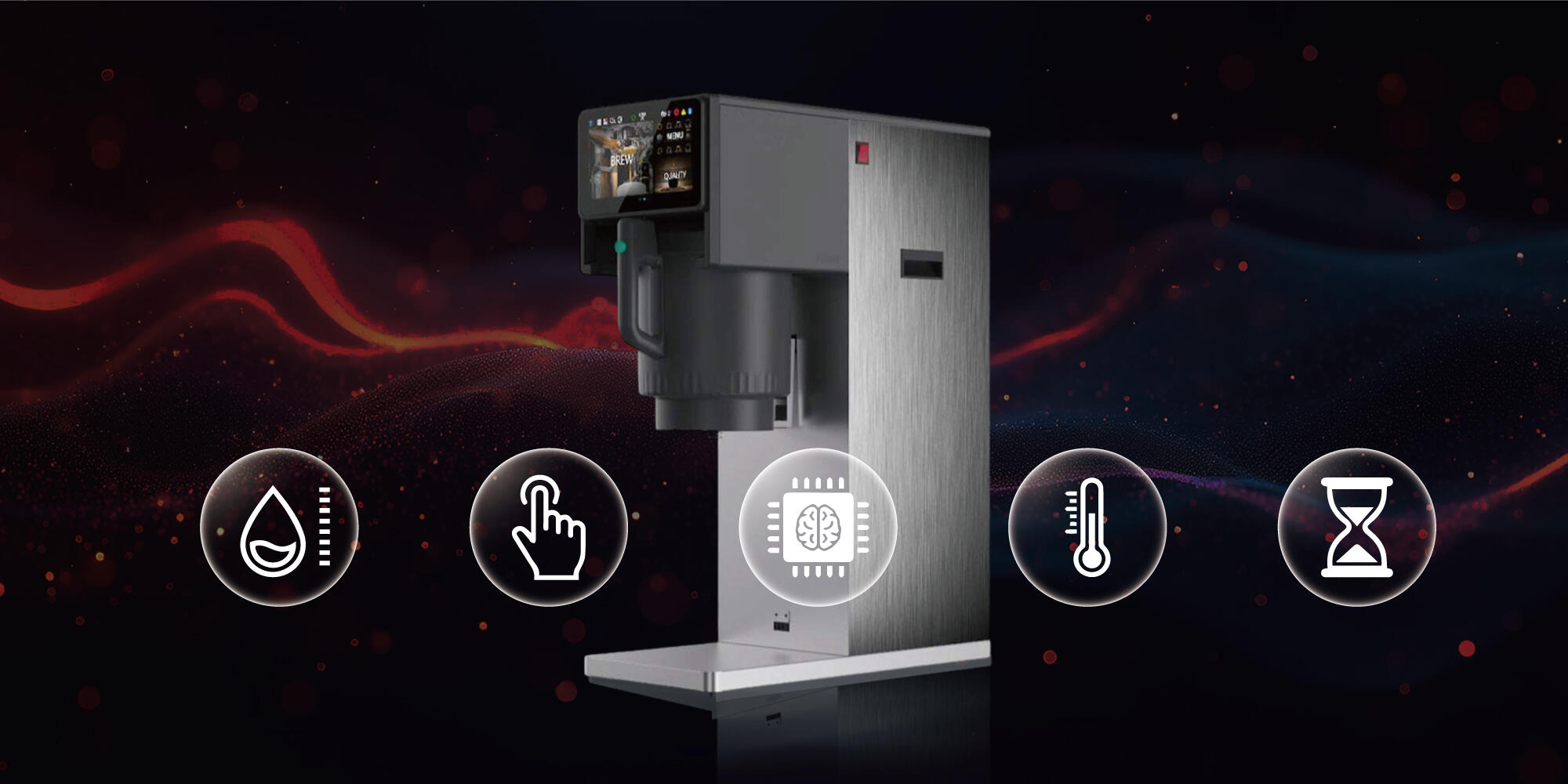 Akıllı ticari çay demleme makinesinin beş temel işlevi: kademeli su kontrolü, akıllı depolama, dokunmatik ekran, hassas sıcaklık kontrolü ve dakika dakika ayarlama.